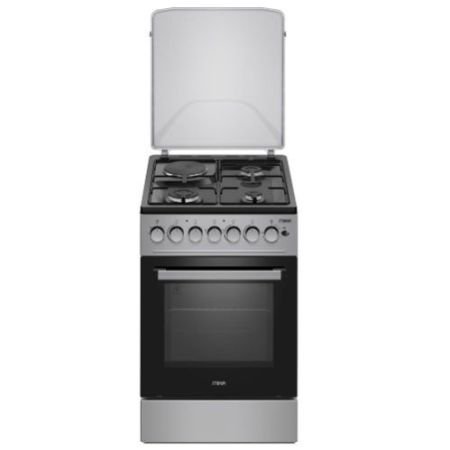 MIKA Standing Cooker, 50cm x 60cm, 3 Gas Pipe Burners + 1 RAPID Hot Plate, Button Ignition, 3 Function Electric Oven, Black Hob, Silver Body MST5060P31ESL
