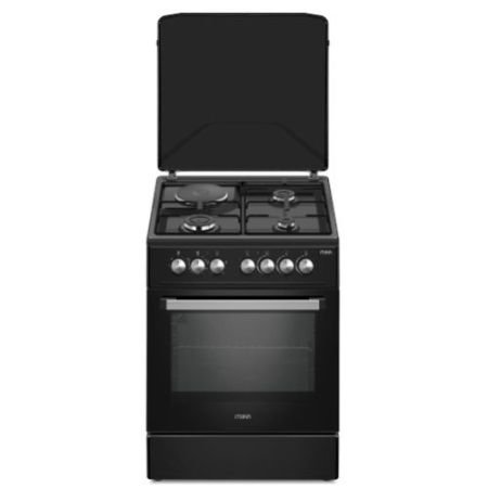 MIKA Standing Cooker, 60cm x 60cm, 3 Gas Pool Jet Burners + 1 RAPID Hot Plate, Auto Ignition, 4 Function Electric Oven, Rotisserie, Full Black MST6060U31PFB