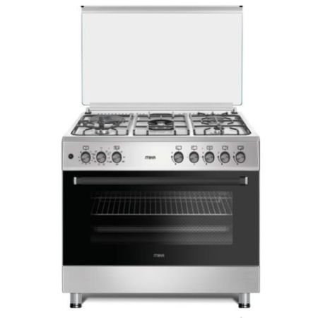 MIKA Standing Cooker, 90cm x 60cm, 5 Gas Pool Jet Burners (2 Wok), FLAME FAILURE SAFETY, Auto Ignition, 10 Function Full 90cm Electric Oven (Air Fry+Convection Fan), Rotisserie, Half Inox MST905G2WEF10HI
