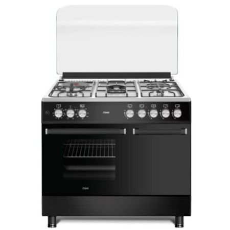 MIKA Standing Cooker, 90cm x 60cm, 4 Gas Pool Jet Burners (1 Wok) + 1 RAPID Hot Plate, FLAME FAILURE SAFETY, Auto Ignition, 6 Function Electric Oven (Convection Fan), GAS CYLINDER CABINET, Rotisserie, Stainless Steel Hob, Matt Black Body MST9041WEG6BX